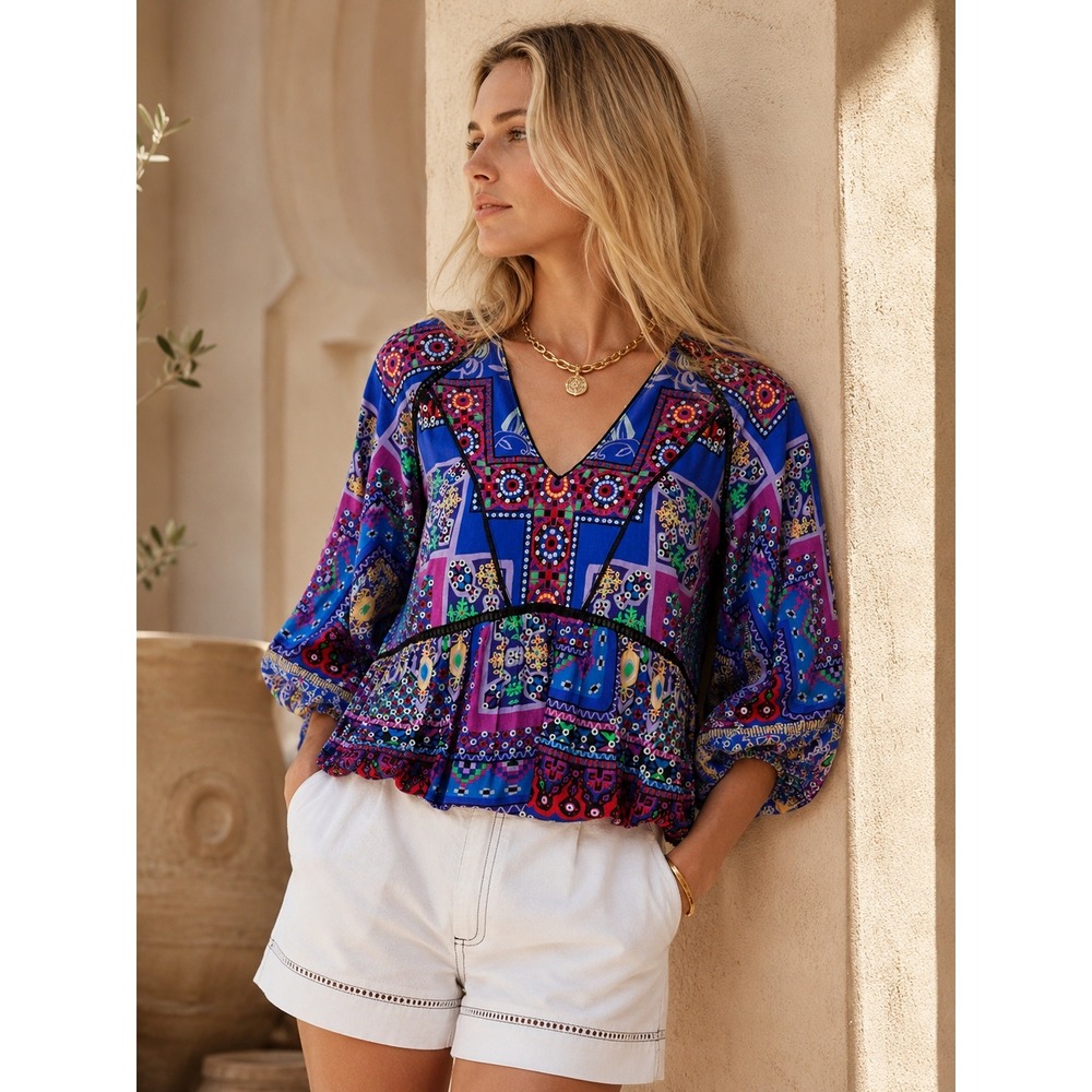 Hunter Bell NYC Grayson Bloson Sleeve V-neck Top Colorful Patchwork ($350) Small